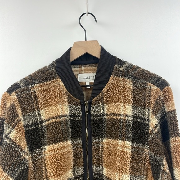 The Great Tartan Plaid Full-Zip Sherpa Relaxed Bomber Jacket Boho Brown Medium - Picture 6 of 13